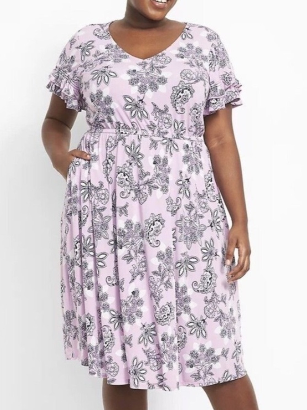 Lane Bryant 22/24 Purple Floral Pockets Flutter Sleeve V-Neck Fit & Flare Dress
